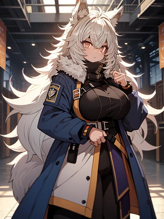 ((masterpiece)), ((best quality)) (ultra-detailed), backlit lighting, extremely detailed background,,de pele branca, Massive, muscular girl, Kaiju, aggressive, Proud,long, wavy white hair,Long dark blue coat,very very gigantic boobs,muffler,Wolf Girl,Golden decoration,big tail,trouser,Big animal ears,huge sword,long boots,Warm clothing,Clothes that are large in size,No skin exposure,Fluffy,venusbody,arknights,angry,