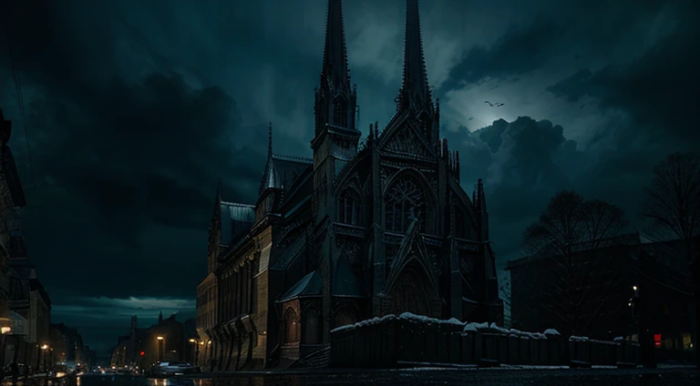 old sinister buildings in eastern Europe, night, rainy weather, bluish lighting, gothic cathedral, threatening atmosphere, underworld movie style