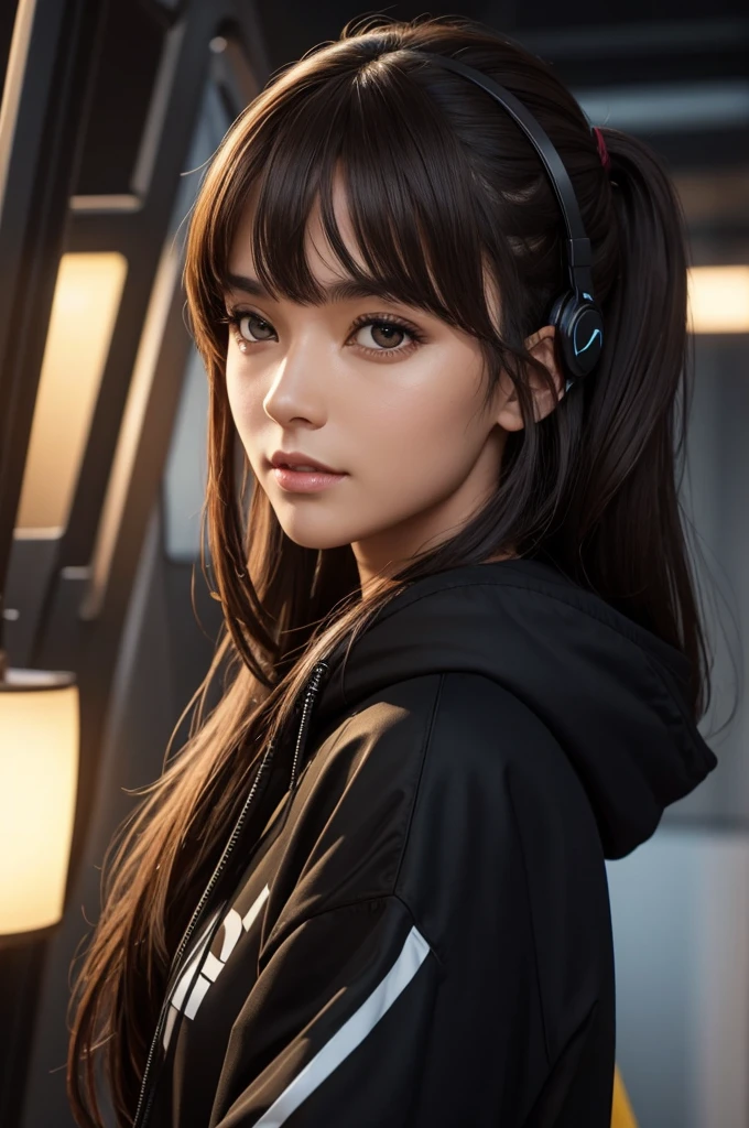 High Resolution, Female, Long Dark Brown Hair, Pony Tail, Bangs, Hazel Eyes, Light Skin, Futuristic VR Headset, Black Hoodie, E-Sports,