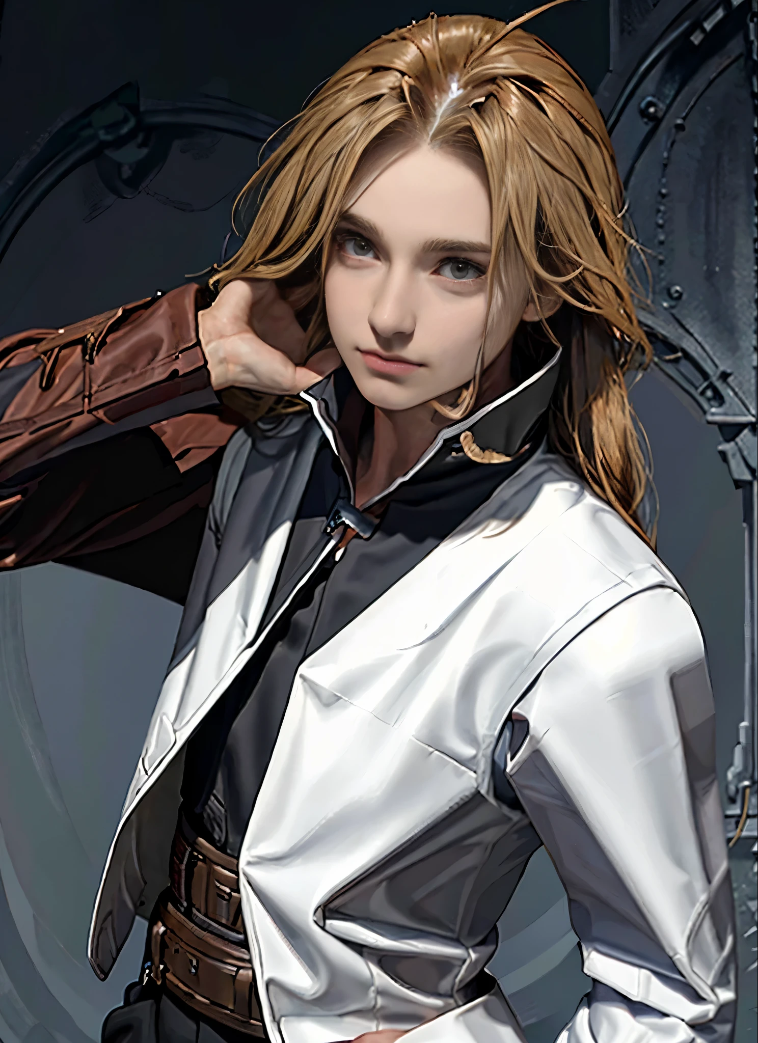 ((Masterpiece,Best quality, Detailed)), realistic, hyper realistic, Sombre, 1boy, Edward Elric, serious, Regarder le spectateur,  veste, (Marron_manteau,long Manches:1), Closed_bouche, manteau collar, (Collier_chemise,white chemise:1), Marron sweater vest, Gants, long_cheveux, long_Manches, long_cheveux,Queue, realism,