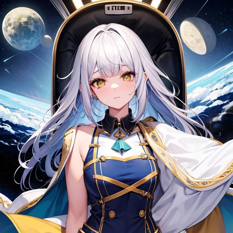 Menina de cabelo branco de cabelo curto , with yellow eyes wearing a train driver&#39;s outfit in space and sad