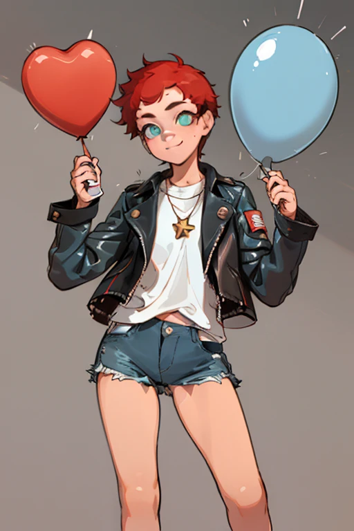 (Masterpiece: 1.5, Best quality, High resolution: 1.3, Super resolution, Super detailed, Ultra detailed: 1.3, Rich background: 1.2, 1 girl)) pale skin + short red hair + green eyes + long eyelashes + covering bangs eyes + androgynous body + band-aid on right cheek (white shirt, leather jacket, ripped jeans, white vans, star necklace, tomboy style) ((animated smile, pose holding a balloon approaching the viewer) (colors used: white, light blue, red, black, grey,)