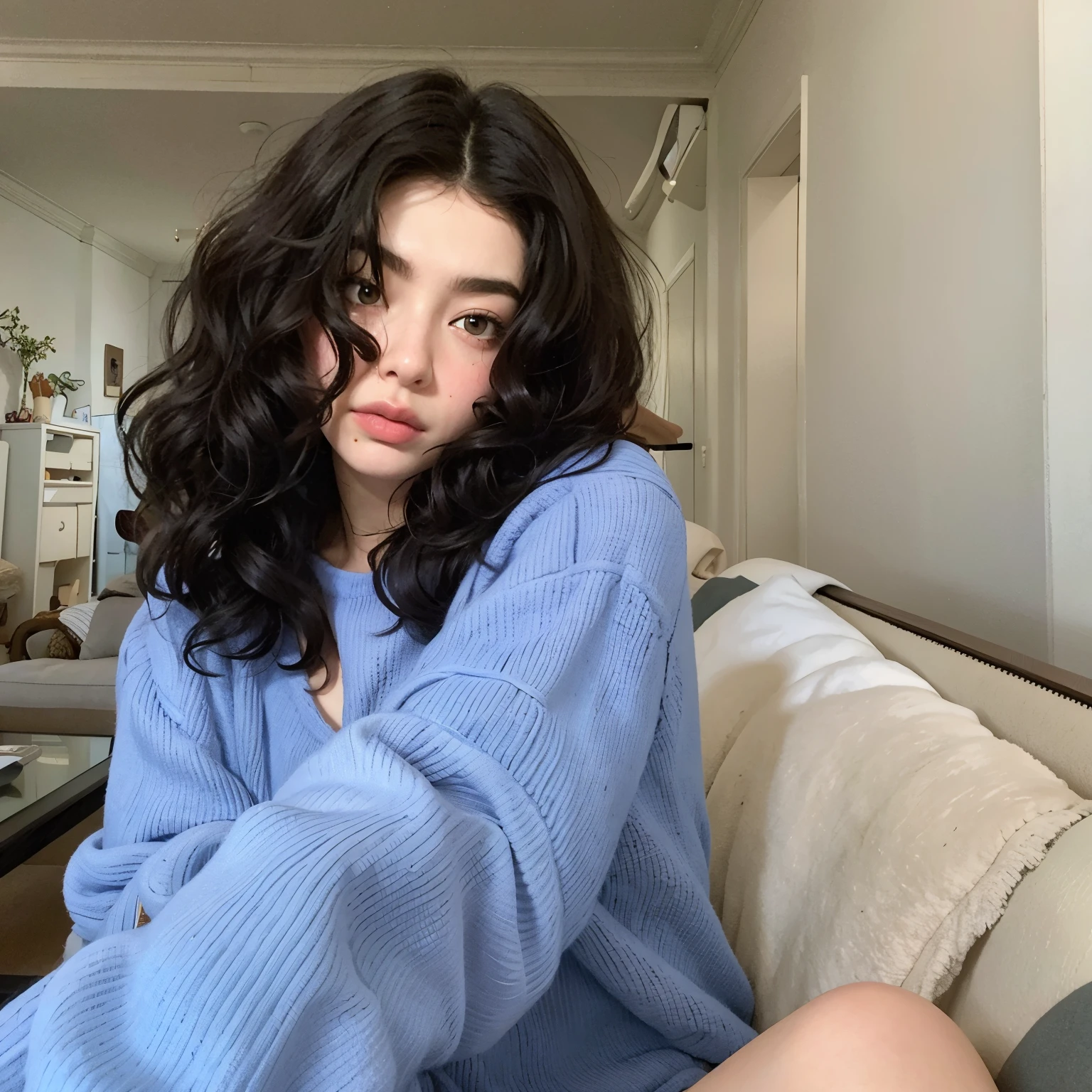 there is a woman sitting on a sofa in a blue sweater, lorde, Charli Bowater, encaracolado middle part haircut, messy encaracolado hair, sem maquiagem cabelo ondulado, cabelos ondulados espalhados, Charli Bowater and artgeem, encaracolado dark hair, Charli XCX |, 18 anos, encaracolado, long messy encaracolado hair, her black hair is a long encaracolado