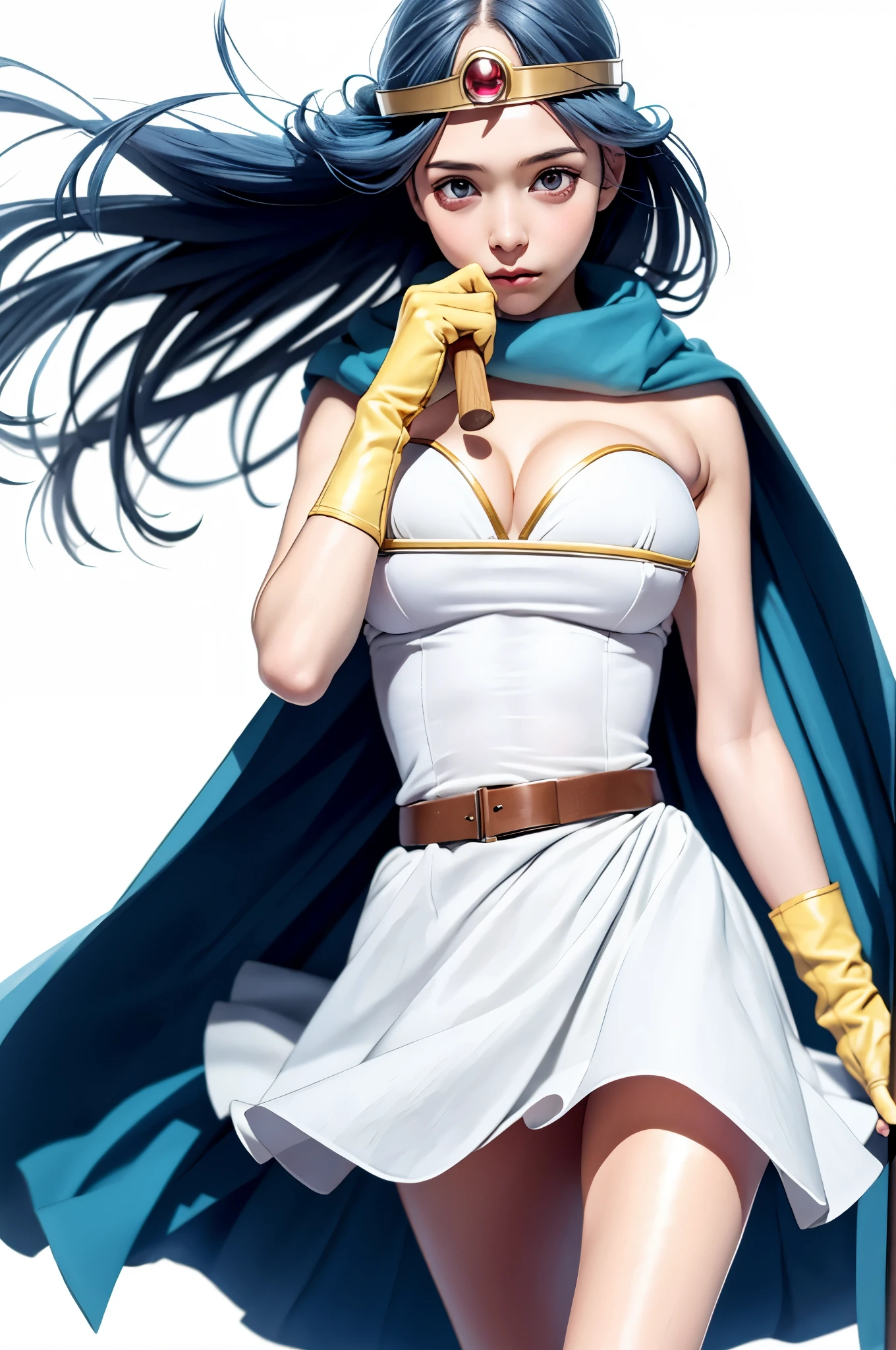 masutepiece, Best Quality, Ultra-detailed, Live-action adaptation,high-level image quality、 sage_(DQ3), 1girl in, (holding A staff, A staff:1.3), Solo, Long hair, Blue hair, circlet, Red Eyes, normal breast, yellow gloves, White Dress, Belt bag, Cape, long boots, cleavage, Bare shoulders, Underwear, wind lift,  Background, white Background