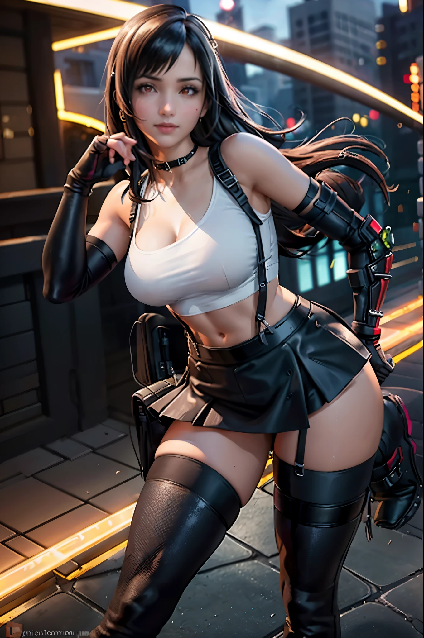 (8k, best quality, masterpiece:1.2), (realistic, photo-realistic:1.37), ultra-detailed, 1 girl,cute, solo, (tifa lockhart), (huge breasteautiful detailed eyes), (smile:1.2), (closed mouth), erotic pose, dancing, neon lights, cityscape, depth of field, dark intense shadows, sharp focus, cars, motion blur, motor bikes, depth of field, good composition, green glowing light, Final Fantasy VII, dating,(nose blush), single elbow pad, ankle boots, black hair, black thighhighs, red boots, elbow gloves, elbow pads, fingerless gloves, taut shirt, sports bra, (suspender black skirt), thighhighs, white tank top, full body, head rest, lips, pretty face, low-tied long hair, ((red_eyes)), yellow flowers, (night:1.3), intricate, bokeh, cinematic lighting, photon mapping, radiosity, physically-based rendering, (Tetsuya Nomura style), nsfw, perfect breasts