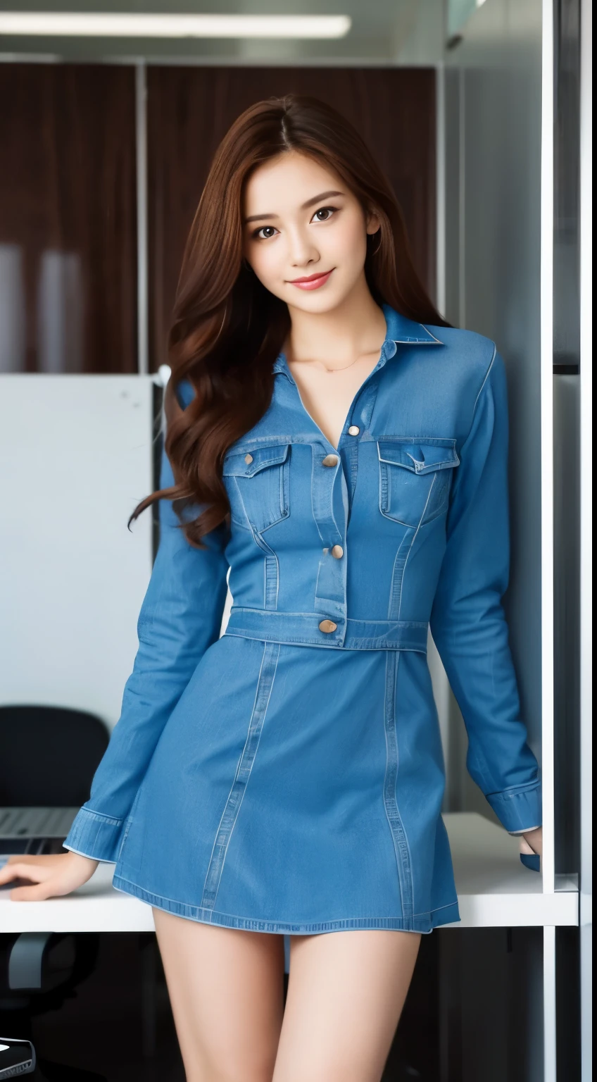 Portrait of beautiful 18 year old petite teen, redhair, Gorgeous costumes, in a cotton dress, in doors, (Private Office, optic: 1.2)