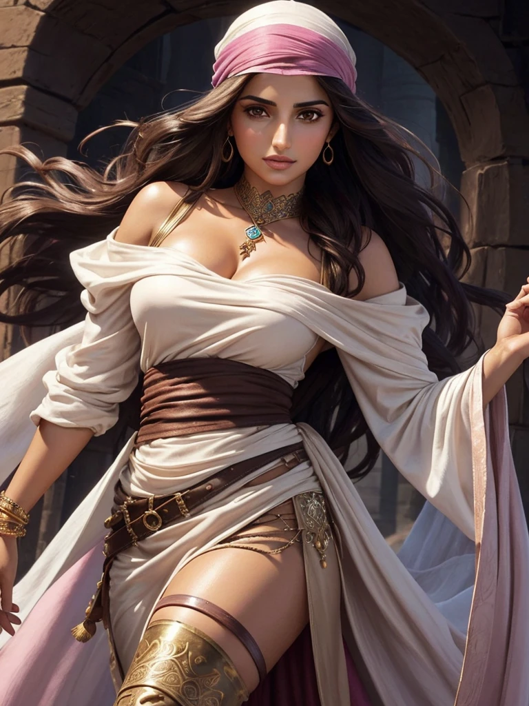 A charming and beautiful, fantasy medieval arabic woman with tan skin looks like Penelope Cruz, long wild wavy dark hair that she tied with a (turban:0.8) like muted pink bandana and sash, and dark brown eyes. she wears white and arab dress with leather bracers, and wearing Aladdin style pants, with daggers and bow, close up painting
