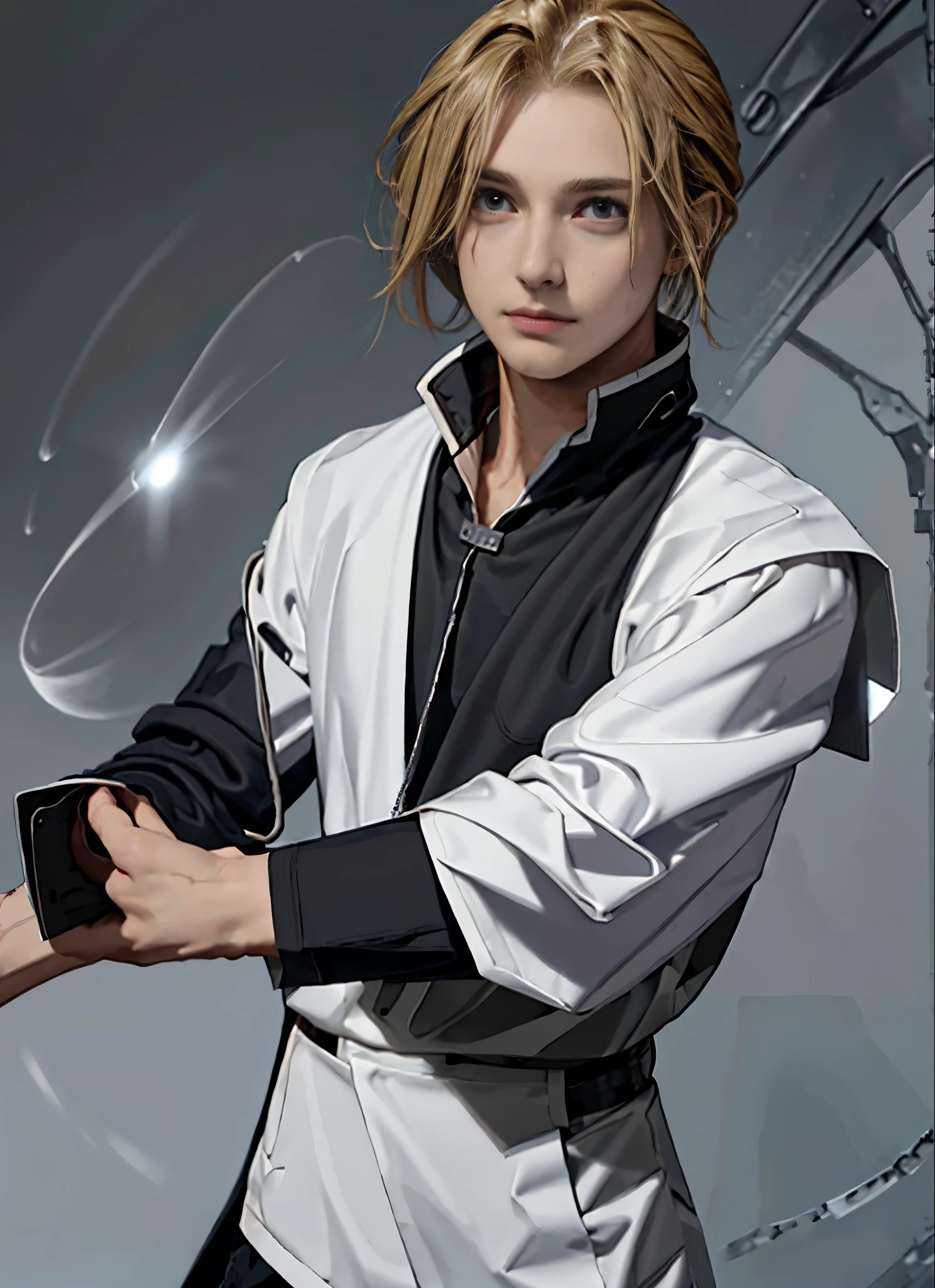 ((Masterpiece,Best quality, Detailed)), realistic, hyper realistic, Sombre, 1boy, Edward Elric, serious, Regarder le spectateur,  veste, (Marron_manteau,long Manches:1), Closed_bouche, manteau collar, (Collier_chemise,white chemise:1), Marron sweater vest, Gants, long_cheveux, long_Manches, long_cheveux,Queue, realism,