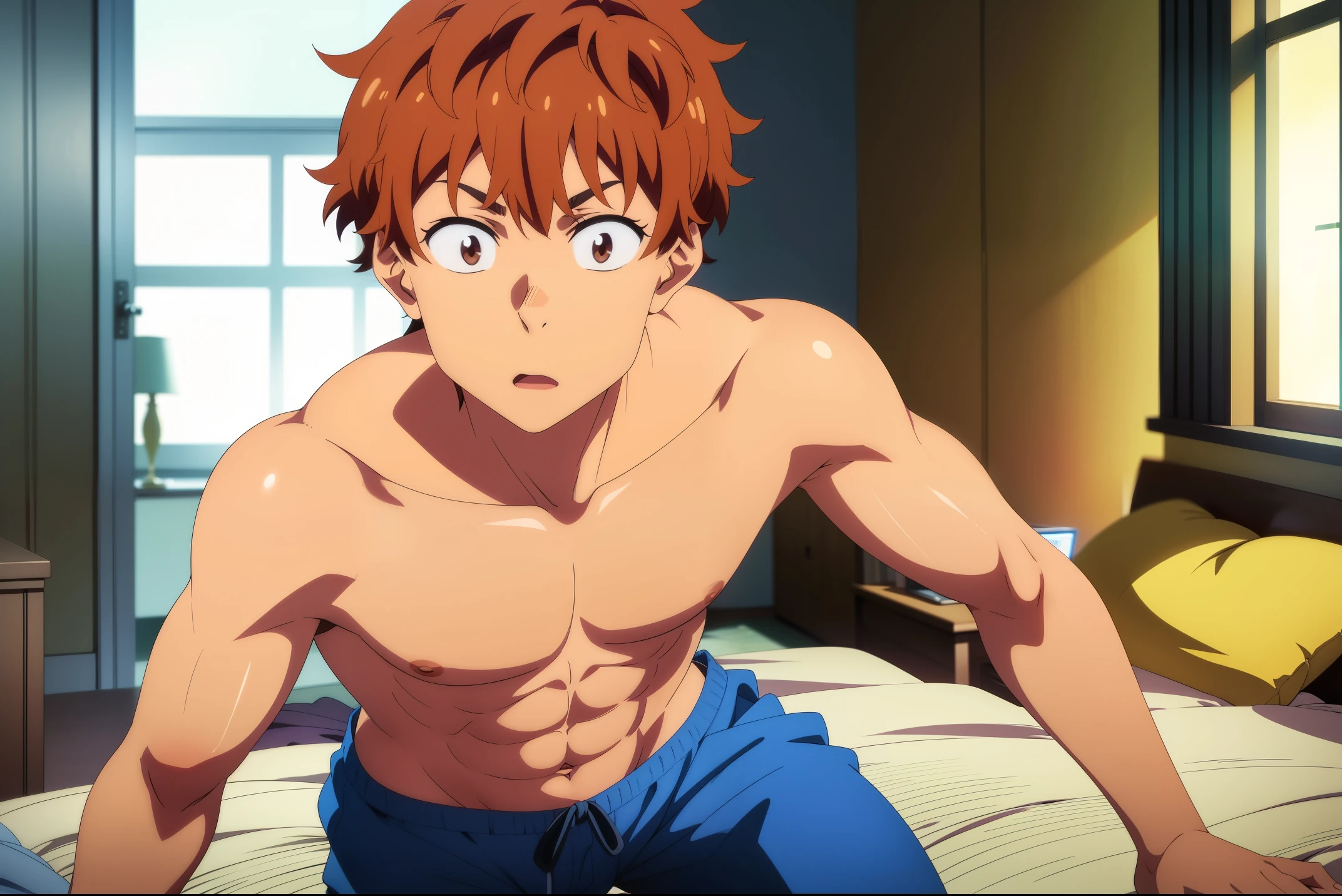 Kazuya, 1boy, male focus, solo, orange hair, brown eyes, beautiful detailed face, beautiful detailed eyes, abs, indoors, pajamas, blue pants, window, collarbone, sexy pose, shirtless, topless, anime screenshot, anime style,