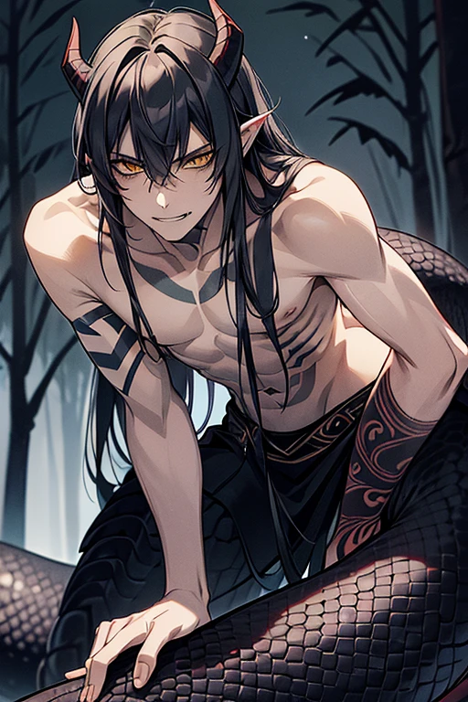 Lamiaan image a drawing of a man whose lower body is a snake, 1boy, black scales, black snake, male focus, solo, (monster boy),(snake boy), lamia, (leaning forward:1.3), snake eyes, yellow eyes, (tsurime:1.0) , oni horns, teeth, (fang:1.0), sharp fangs, seductive smile, black hair, long hair, tired hair, sexy, seducing boy, temptation, (A man seduces a woman), topless, (pale skin), (sharp nails), (tribal tattoo:1.3) , (background in forest), cinematic angle, masterpiece, best quality, high resolution, ultra-detailed