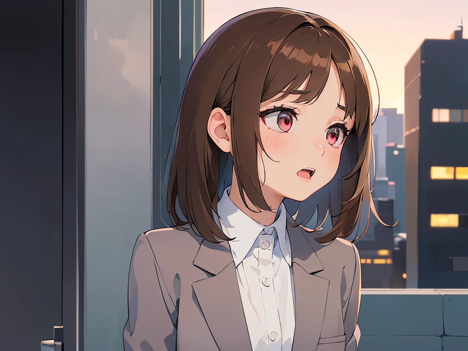 Shooting from the side、Tilting head, (looking away:1.5), masterpiece、top-quality、 (Medium hair with brown bangs:1.5), 25 year old woman with pink eyes、(Wearing a gray suit:1.5)、white shirt、Close-up of your face、shy, blush, Surprised expression、open mouth, is standing、background is city at night、Bold composition、Upper body is shown、Alone、
