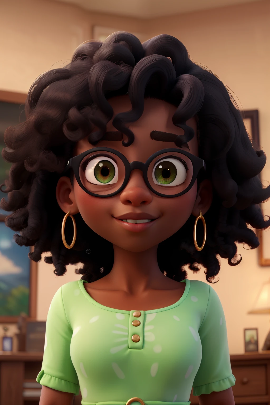 ((best quality)), ((masterpiece)), (detailed), perfect face. ((black skin)), Voluminous curly hair, brown eyes, round glasses, green dress