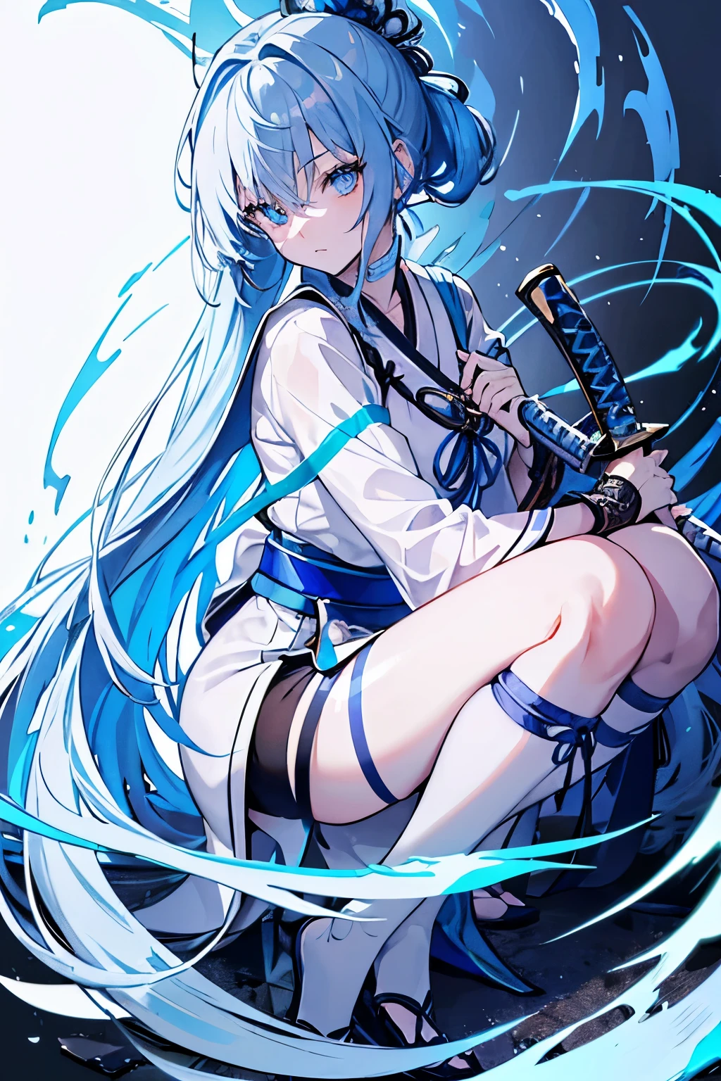 blue hairy eyes T back Carrying a Japan sword on his back posterior view crouching down masterpiece Top image quality denoise Clear cinematic shadow Increased attractiveness of the eyes Clear the shine of the eyes Draw eyelashes neatly Perfect Eye A detailed eye Sharpen image quality Sharpen eye writing Clear eye shape