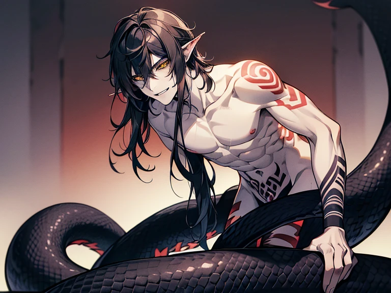 1man, bishonen, adult, handsome, male, solo, sneaky, oni horns, loose hair, (long black hair), flowing hair, (yellow eyes), yokai, shirtless, waist-up, light skin, pale skin, sinister smirk, muscular, (sharp fangs), (tribal tattoo:1.0), (background in forest), cinematic angle, masterpiece, forest, leaves, lush, best quality, high resolution, ultra-detailed, handsome, mullet, snake tail, lamia, naga