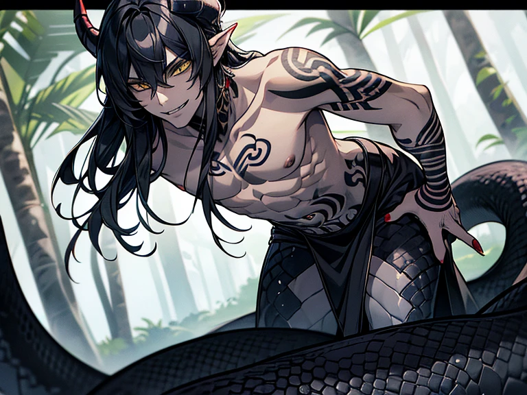 Lamiaan image a drawing of a man whose lower body is a snake, 1boy, black scales, black snake, male focus, solo, (monster boy),(snake boy), lamia, (leaning forward:1.3), snake eyes, yellow eyes, (tsurime:1.0) , oni horns, teeth, (fang:1.0), sharp fangs, seductive smile, black hair, long hair, (tired hair:1.0), sexy, seducing boy, temptation, (A man seduces a woman), topless, (pale skin), (sharp nails), (tribal tattoo:1.3) , (background in forest), cinematic angle, masterpiece, best quality, high resolution, ultra-detailed