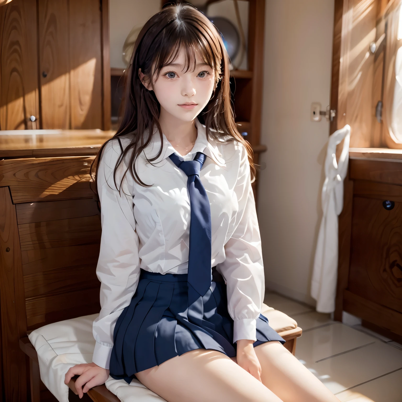 Japanese high school girl, the girl is ************. She wears school uniforms with white socks. She is sitting on a chair with her legs opened. Her vagina is visible.