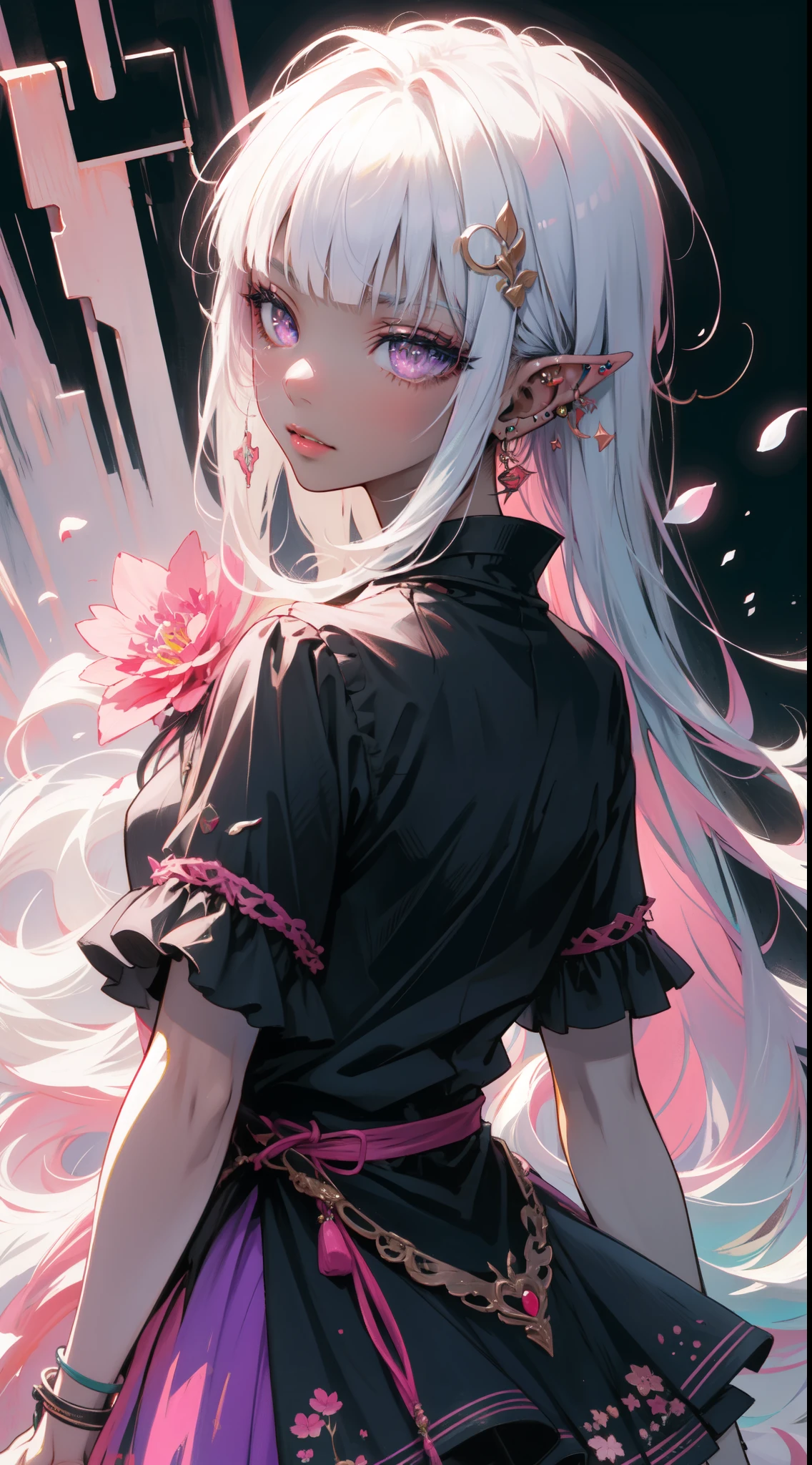 (masterpiece, top quality, best quality, official art, beautiful and aesthetic:1.2), ((dark elf)), ((1girl)), extreme detailed, (fractal art:1.3),colorful,highest detailed, portrait, from behind, in the style art by Artgerm, by wadim kashin, by Kawacy, by Yoshitaka Amano, BREAK, insanely detailed face, details eye, Blunt bangs, white hair, (hair between eye), eyelashes, violet eyes, eyeshadow, pink eyeshadow, (dark skin:1.1), BREAK, corsages, jirai kei, (jirai kei fashion:1.1), Frills, Skirts, Various accessories, (ear piercing), punky style, Japanese subculture, fashion, Stockings, colorful, (Dark circles:1.2),