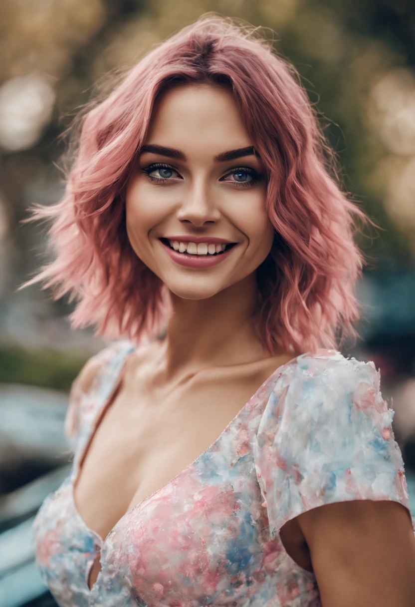 ultrarealistic high quality photo of a beautiful young busty european woman with cute face and brunette with dyed pink-white streaks long messy bob and beautiful smile, round steel-blue eyes, homecoming queen outfit, full body outdoor photography