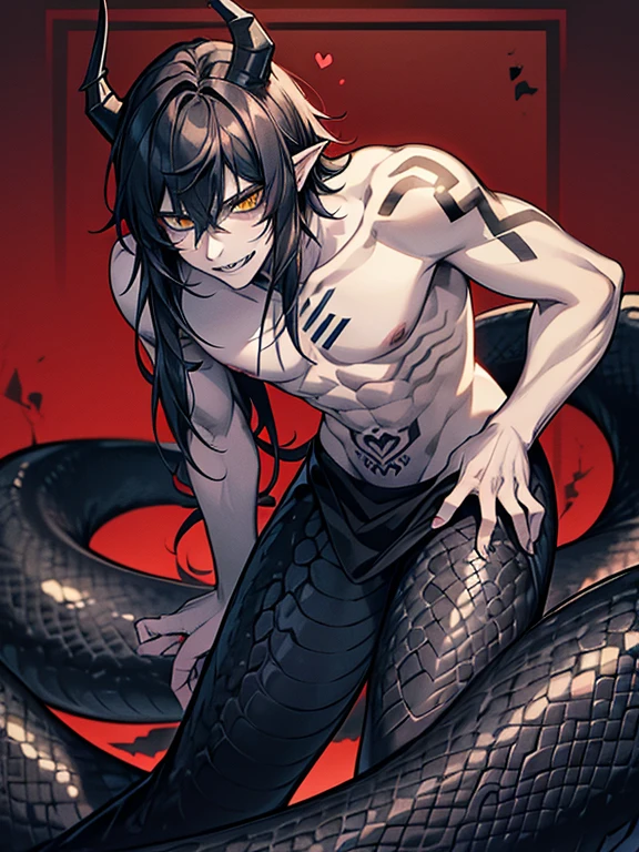 Lamiaan image a drawing of a man whose lower body is a snake, 1boy, black scales, black snake, male focus, solo, (monster boy),(snake boy), lamia, (leaning forward:1.3), snake eyes, yellow eyes, (tsurime:1.0) , oni horns, teeth, (fang:1.0), sharp fangs, seductive smile, black hair, long hair, tired hair, sexy, seducing boy, temptation, (A man seduces a woman), topless, (pale skin), (sharp nails), (tribal tattoo:1.3) , (background in forest), cinematic angle, masterpiece, best quality, high resolution, ultra-detailed