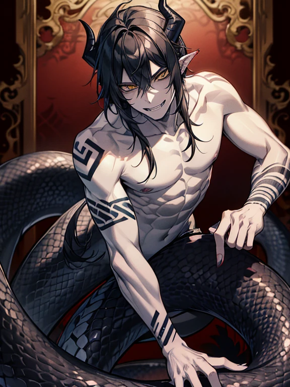 Lamiaan image a drawing of a man whose lower body is a snake, 1boy, black scales, black snake, male focus, solo, (monster boy),(snake boy), lamia, (leaning forward:1.3), snake eyes, yellow eyes, (tsurime:1.0) , oni horns, teeth, (fang:1.0), sharp fangs, seductive smile, black hair, long hair, tired hair, sexy, seducing boy, temptation, (A man seduces a woman), topless, (pale skin), (sharp nails), (tribal tattoo:1.3) , (background in forest), cinematic angle, masterpiece, best quality, high resolution, ultra-detailed