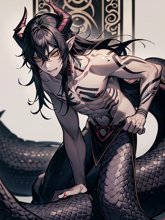 Lamiaan image a drawing of a man whose lower body is a snake, 1boy, black scales, black snake, male focus, solo, (monster boy),(snake boy), lamia, (leaning forward:1.3), snake eyes, yellow eyes, (tsurime:1.0) , oni horns, teeth, (fang:1.0), sharp fangs, seductive smile, black hair, long hair, tired hair, sexy, seducing boy, temptation, (A man seduces a woman), topless, (pale skin), (sharp nails), (tribal tattoo:1.3) , (background in forest), cinematic angle, masterpiece, best quality, high resolution, ultra-detailed