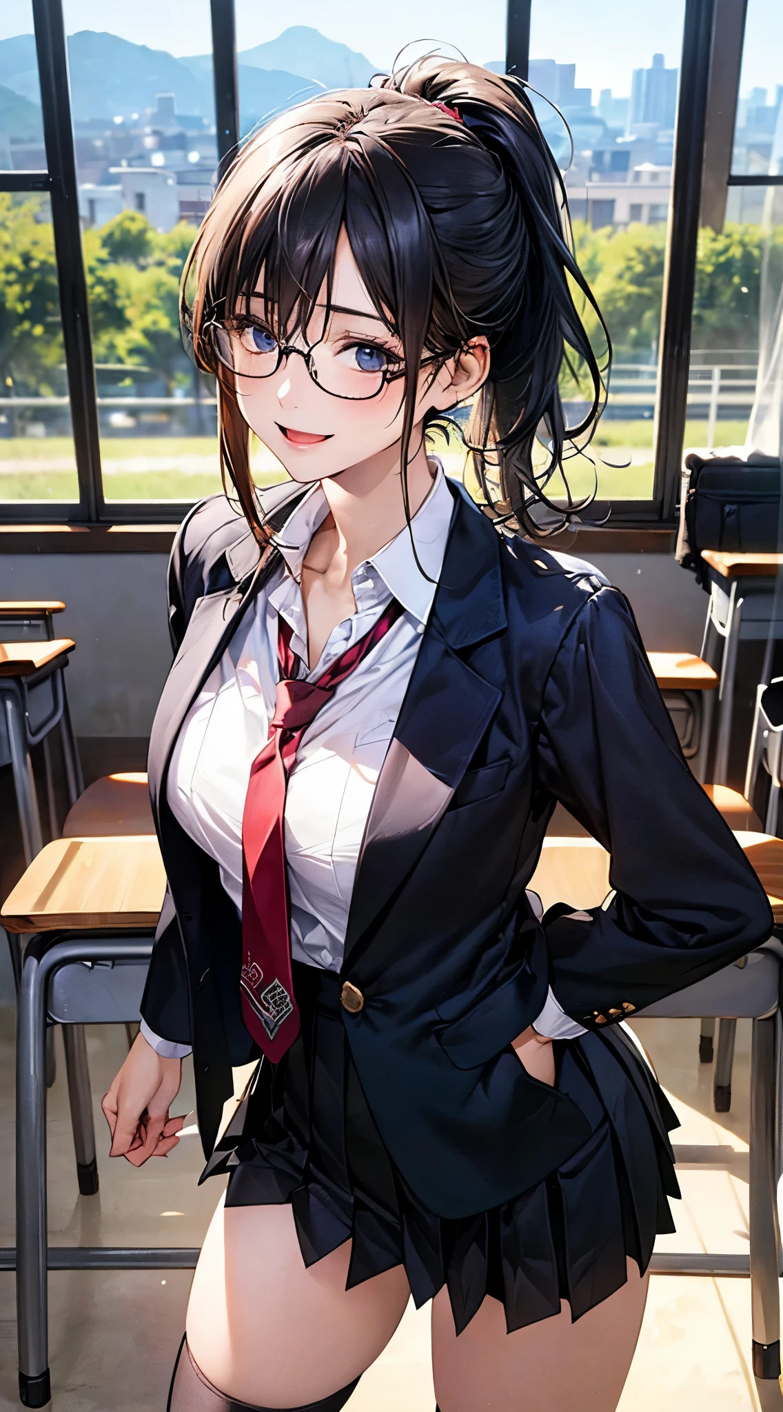 (masterpiece:1.2, top-quality), (realistic, photorealistic:1.4), beautiful illustration, NSFW, 
looking at viewer, cowboy shot, front view:0.8, 
1 girl, japanese, high school girl, black hair, (middle hair:1.4, short ponytail:1.2), bangs, hair between eye, blue eyes, large breasts:1.0, black-rimmed glasses, (thick thighs), 
beautiful hair, beautiful face, beautiful detailed eyes, beautiful clavicle, beautiful body, beautiful chest, beautiful thigh, beautiful legs, beautiful fingers, 
(beautiful scenery), dawn, bright and refreshing classroom, desks, chairs, curtains, 
((black blazer, black pleated miniskirt, socks, private school uniform:1.2, russet necktie)), white panties, 
(swollen), ((seductive posture: 1.2, attractiveness: 1.2)), (idle),
(erotic,sexy, upper eyes, smiling smile: 1.2), shiny skin, open mouth, 
perfect face, cute and symmetrical face, natural side lighting, movie lighting),