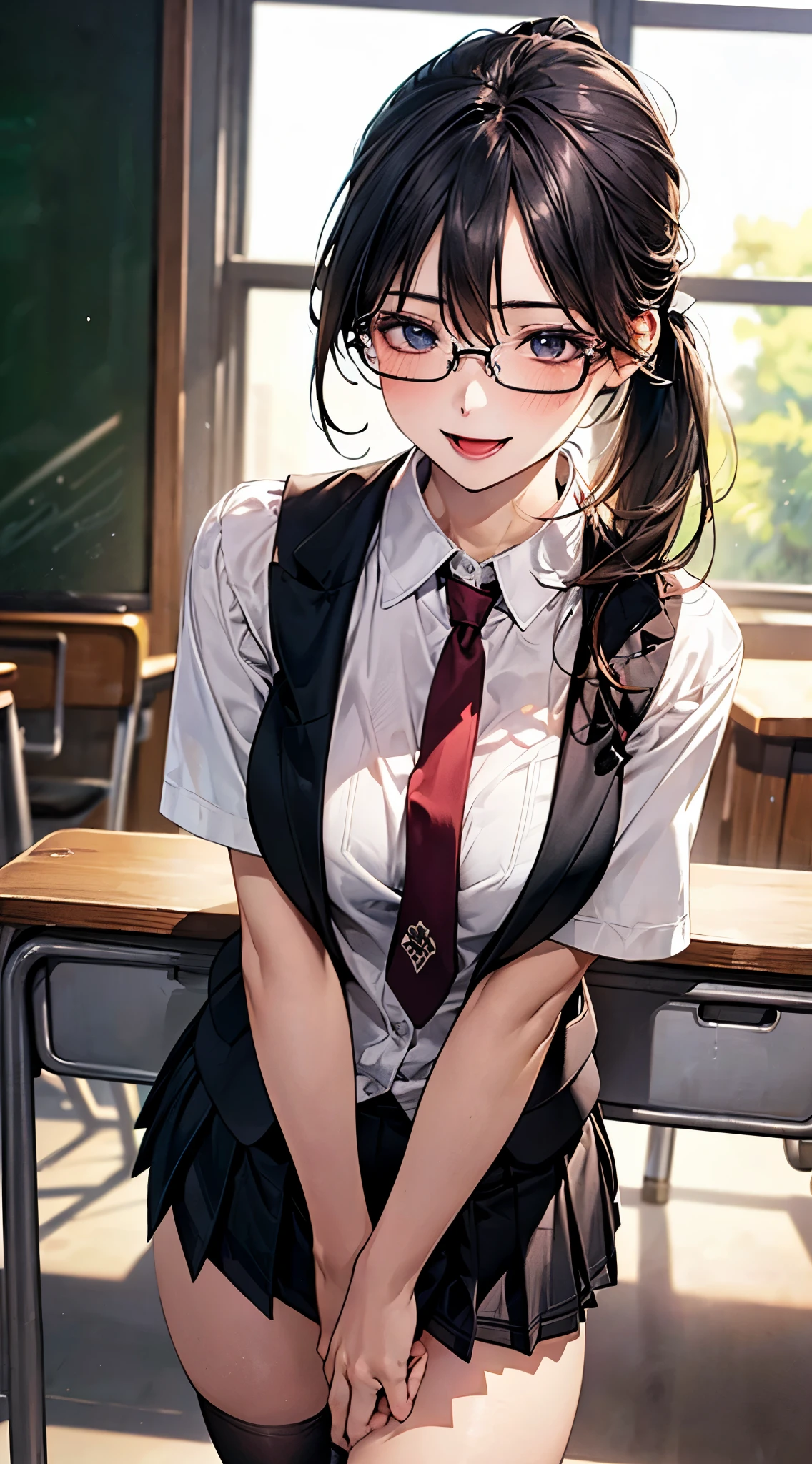 (masterpiece:1.2, top-quality), (realistic, photorealistic:1.4), beautiful illustration, NSFW,
looking at viewer, cowboy shot, front view:0.8,
1 girl, japanese, high school girl, black hair, (middle hair:1.4, short ponytail:1.2), bangs, hair between eye, blue eyes, large breasts:1.0, black-rimmed glasses, (thick thighs),
beautiful hair, beautiful face, beautiful detailed eyes, beautiful clavicle, beautiful body, beautiful chest, beautiful thigh, beautiful legs, beautiful fingers,
(beautiful scenery), dawn, bright and refreshing classroom, desks, chairs, curtains,
((black blazer, black pleated miniskirt, socks, private school uniform:1.2, russet necktie)), white panties,
(swollen), ((seductive posture: 1.2, attractiveness: 1.2)), (idle),
(erotic,sexy, upper eyes, smiling smile: 1.2), shiny skin, open mouth,
perfect face, cute and symmetrical face, natural side lighting, movie lighting),