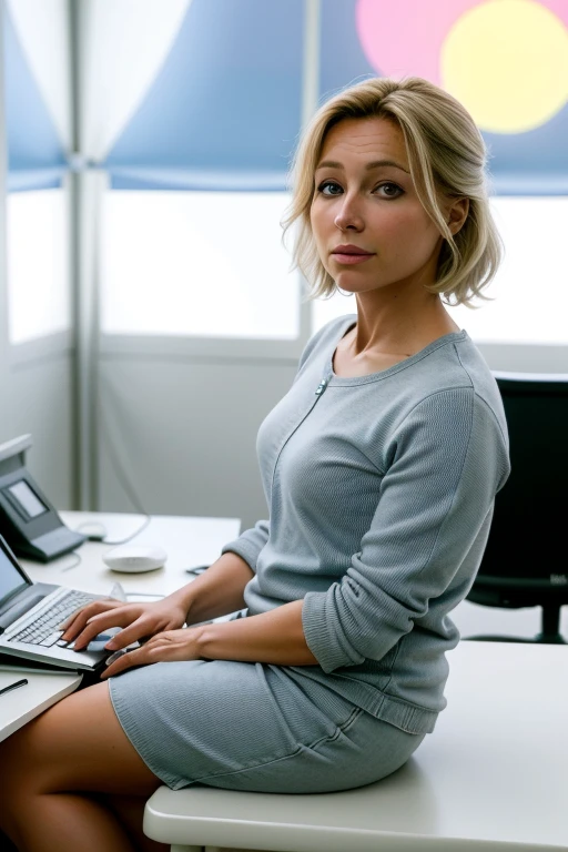 Photo RAWd&#39;une jeune femme Regarder le Spectateur, yeux bleuS, cheveux blondS, Regarder le Spectateur, veSte rouge, chemiSier boutonné blanc, groSSe poitrine, jupe rouge, seat on a desk, peau douce, Complexe fond pSychédélique, DiSque dur, 8k