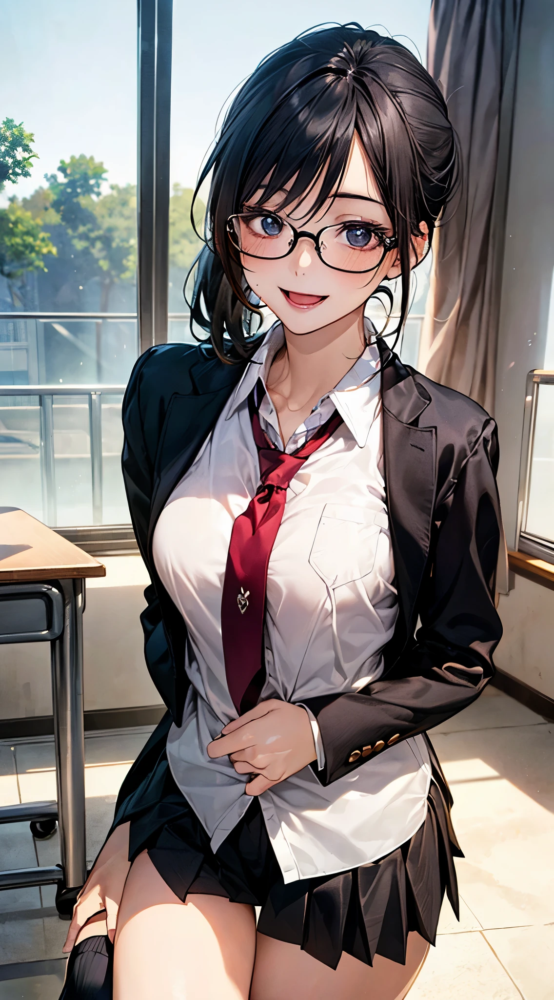 (masterpiece:1.2, top-quality), (realistic, photorealistic:1.4), beautiful illustration, NSFW,
looking at viewer, cowboy shot, front view:0.8,
1 girl, japanese, high school girl, black hair, (middle hair:1.4, short ponytail:1.2), bangs, hair between eye, blue eyes, large breasts:1.0, black-rimmed glasses, (thick thighs),
beautiful hair, beautiful face, beautiful detailed eyes, beautiful clavicle, beautiful body, beautiful chest, beautiful thigh, beautiful legs, beautiful fingers,
(beautiful scenery), dawn, bright and refreshing classroom, desks, chairs, curtains,
((black blazer, black pleated miniskirt, socks, private school uniform:1.2, russet necktie)), white panties,
(swollen), ((seductive posture: 1.2, attractiveness: 1.2)), (idle),
(erotic,sexy, upper eyes, smiling smile: 1.2), shiny skin, open mouth,
perfect face, cute and symmetrical face, natural side lighting, movie lighting),