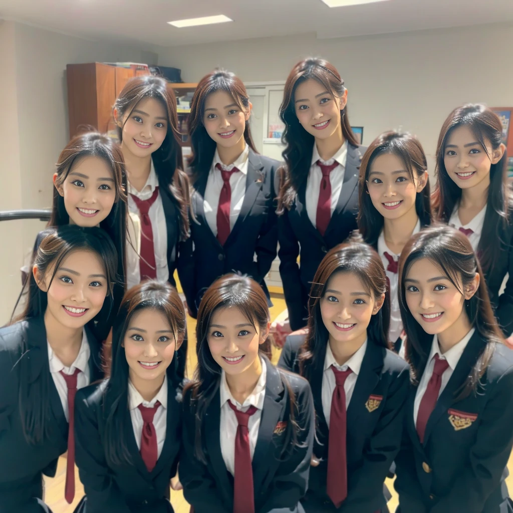 Raw photo、(((multiple girls))),((((6+girls)))),((((100girls)))),((((1000girls))))、((((100 Girls))))、Women only、The same face、((matching school uniform))、((((Large group))))、17 years old、Long black hair、100 cute high school girls on their way to school、a smile、Commuting to school、School route、In the street、selfee、same person、High school students