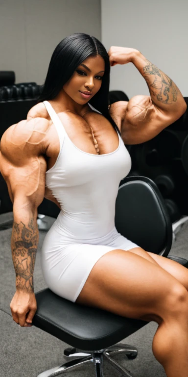 Covered in tattoos    foxy brown,  heavily muscled iffb pro female bodybuilder,masterpiece, best quality, 1girl, vpl, dressed in a sexy translucent side split dress, risque, smirk, biceps, leaning back in chair,