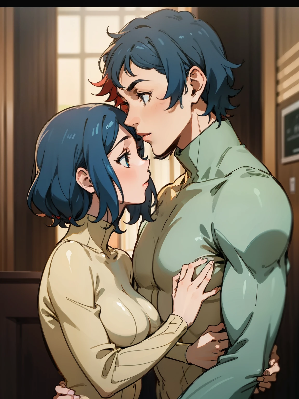 (Best Quality,4k,8K,hight resolution,Masterpiece:1.2),Ultra-detailed,(Realistic,Photorealistic,photo-realistic:1.37),Fantasy,a boy and a girl(rinko_iori, naked body, huge breasts), Standing side by side,Boy with short red hair,Girl with long dark blue hair,Location in the courtyard. Naked body. Nude. em. in a bedroom,. the kiss. Guy kisses girl. The girl tries to resist by pushing the guy's chest, but it's no use.. GIRL LONG DARK BLUE HAIR. Guy with red hair. ((Guy with red hair)) A guy with short hair. the kiss. Dynamic posture. Pumped Up Guy. forced kiss. Passionate kiss
