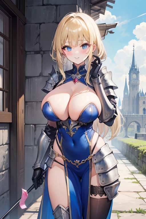 a beauty girl，cabellos largos dorados，blonde with blue eyes，(ssmile)，European medieval castles，palaces，Wear gorgeous armor，(Silver armor)，Armor，((Condom in hand))，Shoulder pads，Armour，chest plate，Leg nails，(Royal Knights)，(huge tit)，(black lence stockings)，(Defeat)，((Broken armor))，((Damaged clothes))，cleavage，((Petite body))，(Type of )，twogirls，Raped by a woman