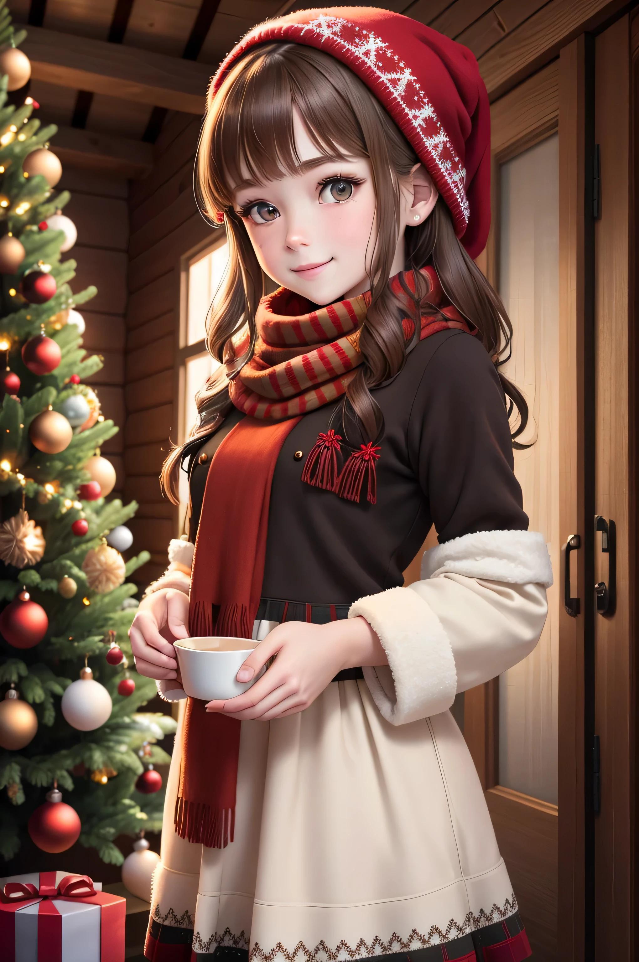 {there is a young girl standing near a christmas tree outside in the snow. she is she is beautiful, and attractive. she is wearing a christmas themed dress, also wearing red tights underneath, and black shoes. she is also wearing a red beany, and also wearing a red and green striped scarf. she has a beautiful smile on her face. she has beautiful long brown hair, and beautiful hazel eyes. she also is holding a christmas decoration in her hand, as if she is decorating the tree. the tree is a pine tree, covered with christmas decorations. there is also a log house behind her, with also tinsel and lights decorated around it. it is clear, but there is a lot of snow around her.}, {best quality}, {{masterpiece}}, {highres}, extremely detailed girl, {{{pale skin}}}, {{{detailed face}}}, {photo-realism}, {{perfect anatomy}}, sharp focus, {{{character{1 girl}}}}, solo, {{{{{sharp focus}}}}}, {{{detailed cloth texture}}}, {{{detailed skin texture}}}, {{{smooth lighting}}},