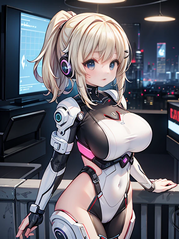4K,hight resolution,One Woman,White blonde hair,poneyTail,head phone,Colossal tits,ninjartist,White Cybersuit,Cyberpunk Handgun,underground city