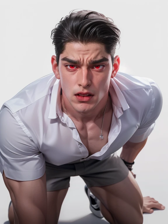 1 American man, (short slicked back hair:1.18), (White shirt:1.21), (gray short shorts:1.27), (white socks:1.15), (black Oxford shoes:1.24), (mature and handsome:1.33), ( white background:1.2), (8k:1.2), (super strong body:1.28), (demon red eyes:1.21), (realistic:1.4), (big bulge crotch:1.22), (perfect lighting:1.23),(full body:1.44),(necklace1.23), (kneeling down on the ground:1.23), ear piercing, (giant earrings, watches:1.2), (putting fingers in mouth:1.11)