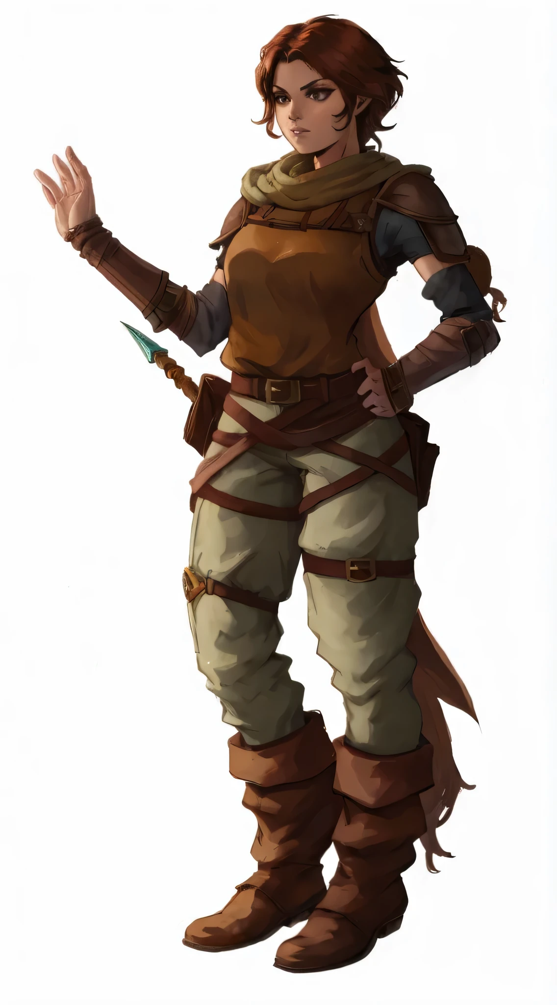 a woman in a brown outfit and boots, fantasy character, rpg portrait full body, d & d style full body portrait, rpg character, full - body portrait of a ranger, female lead character, full body dnd character portrait, from pathfinder, d&d dark sun character art, north  female warrior, rpg character art, dungeons and dragons character