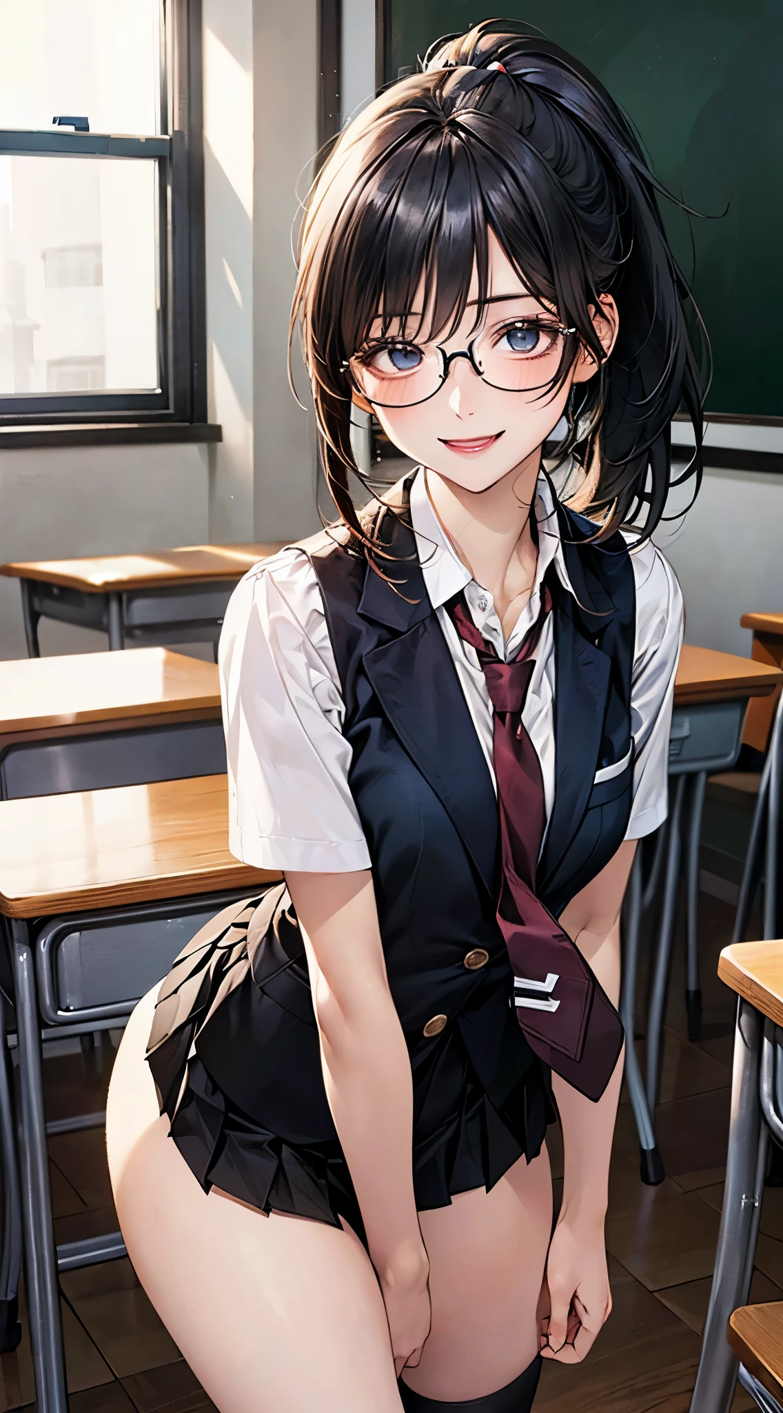 (masterpiece:1.2, top-quality), (realistic, photorealistic:1.4), beautiful illustration, NSFW, 
looking at viewer, cowboy shot, front view:0.8, 
1 girl, japanese, high school girl, black hair, (middle hair:1.4, short ponytail:1.5), bangs, hair between eye, blue eyes, large breasts:1.0, black-rimmed glasses, (thick thighs), 
beautiful hair, beautiful face, beautiful detailed eyes, beautiful clavicle, beautiful body, beautiful chest, beautiful thigh, beautiful legs, beautiful fingers, 
(beautiful scenery), dawn, bright and refreshing classroom, desks, chairs, curtains, 
((black blazer, black pleated miniskirt, socks, private school uniform:1.2, russet necktie)), white panties, 
(swollen), ((seductive posture: 1.2, attractiveness: 1.2)), (idle),
(erotic,sexy, upper eyes, smiling smile: 1.2), shiny skin, open mouth, 
perfect face, cute and symmetrical face, natural side lighting, movie lighting),