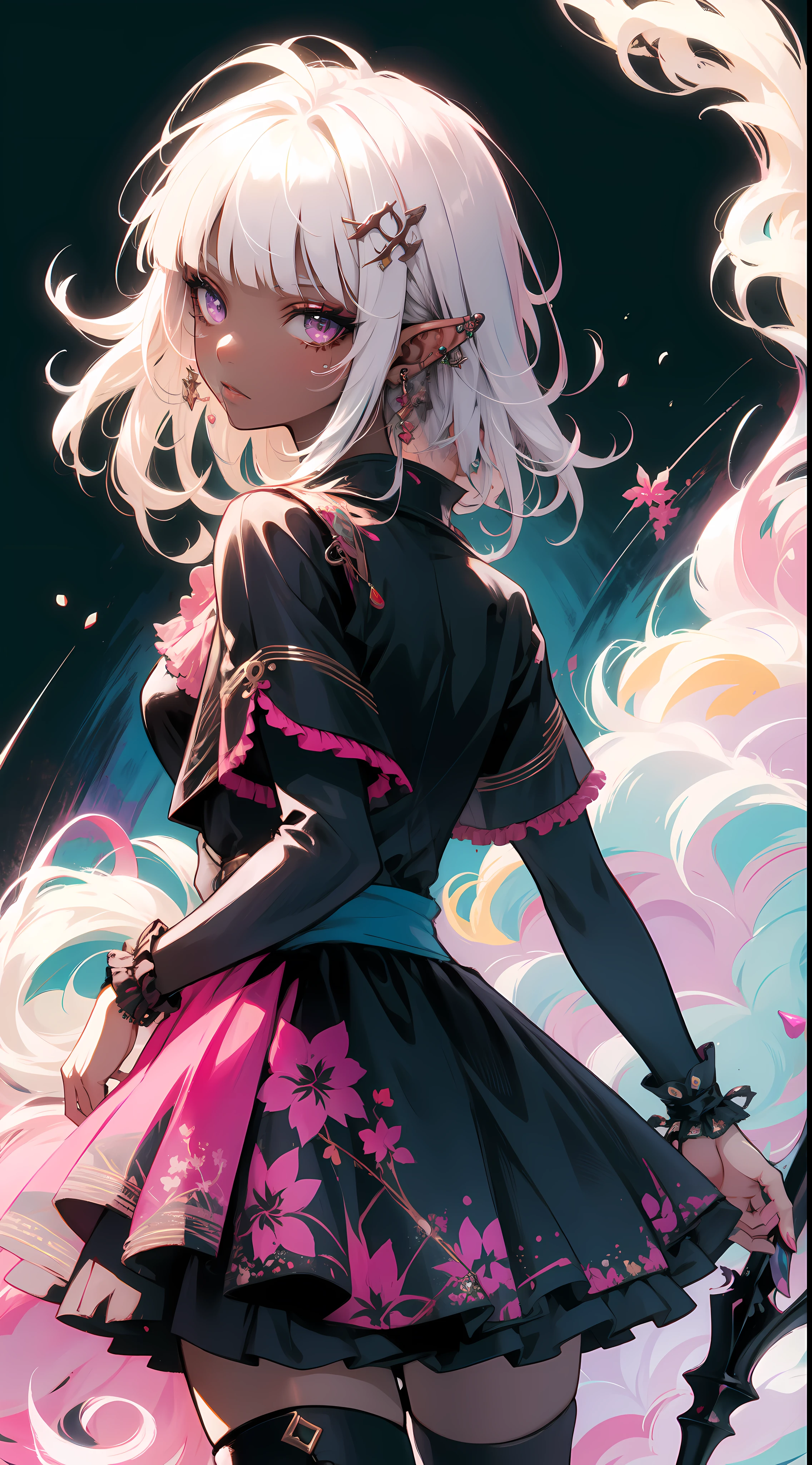 (masterpiece, top quality, best quality, official art, beautiful and aesthetic:1.2), ((dark elf)), ((1girl)), extreme detailed, (fractal art:1.3), colorful, highest detailed, Cowboy shot, from behind, in the style art by Artgerm, by wadim kashin, by Kawacy, by Yoshitaka Amano, BREAK, insanely detailed face, details eye, Blunt bangs, white hair, (hair between eye), eyelashes, violet eyes, eyeshadow, pink eyeshadow, (dark skin:1.1), BREAK, corsages, jirai kei, (jirai kei fashion:1.1), Frills, Skirts, Various accessories, (ear piercing), punky style, Japanese subculture, fashion, Stockings, colorful, (Dark circles:1.2),