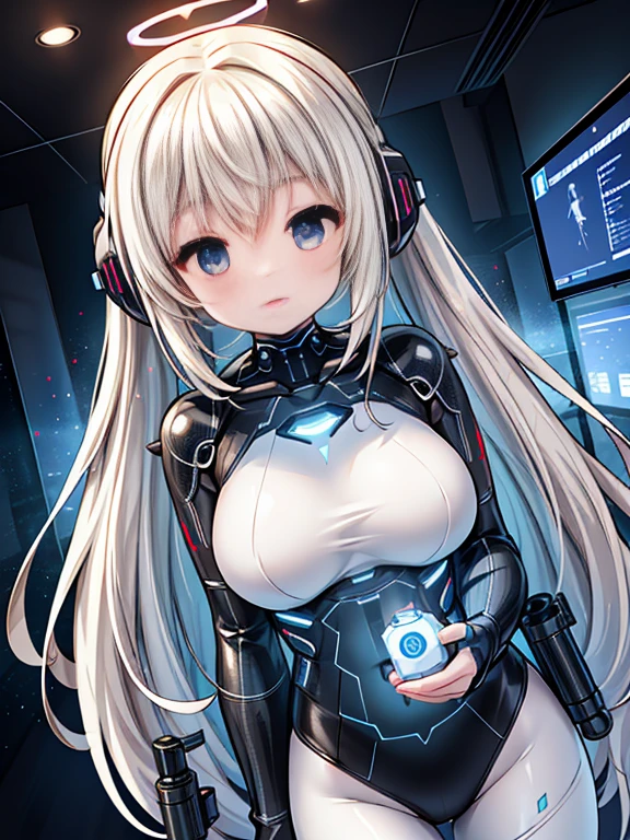 4K,hight resolution,One Woman,White blonde hair,poneyTail,head phone,Colossal tits,ninjartist,White Cybersuit,futuristic spacesuit,Cyberpunk Handgun,underground city,blue shining eyes,The halo,