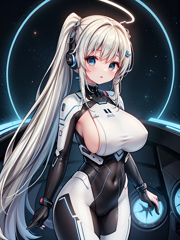 4K,hight resolution,One Woman,White blonde hair,poneyTail,head phone,Colossal tits,ninjartist,White Cybersuit,futuristic spacesuit,Cyberpunk Handgun,underground city,blue shining eyes,The halo,