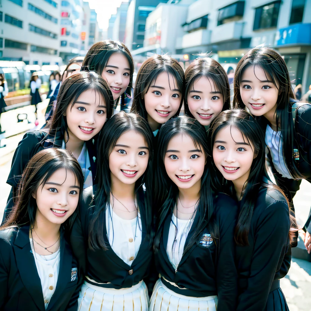 Raw photo、(((multiple girls))),((((6+girls)))),((((1000girls)))),(((10000girls)))、((((100000 girls))))、Women only、The same face、((matching school uniform))、(((many girls clinging to each other)))、((((Large group))))、、Long black hair、10,000 cute girls going to school、a smile、Commuting to school、School route、In the street、selfee、same person、(((Lots of girls filling the area)))、(((Many girls fill the city)))、a junior high school student