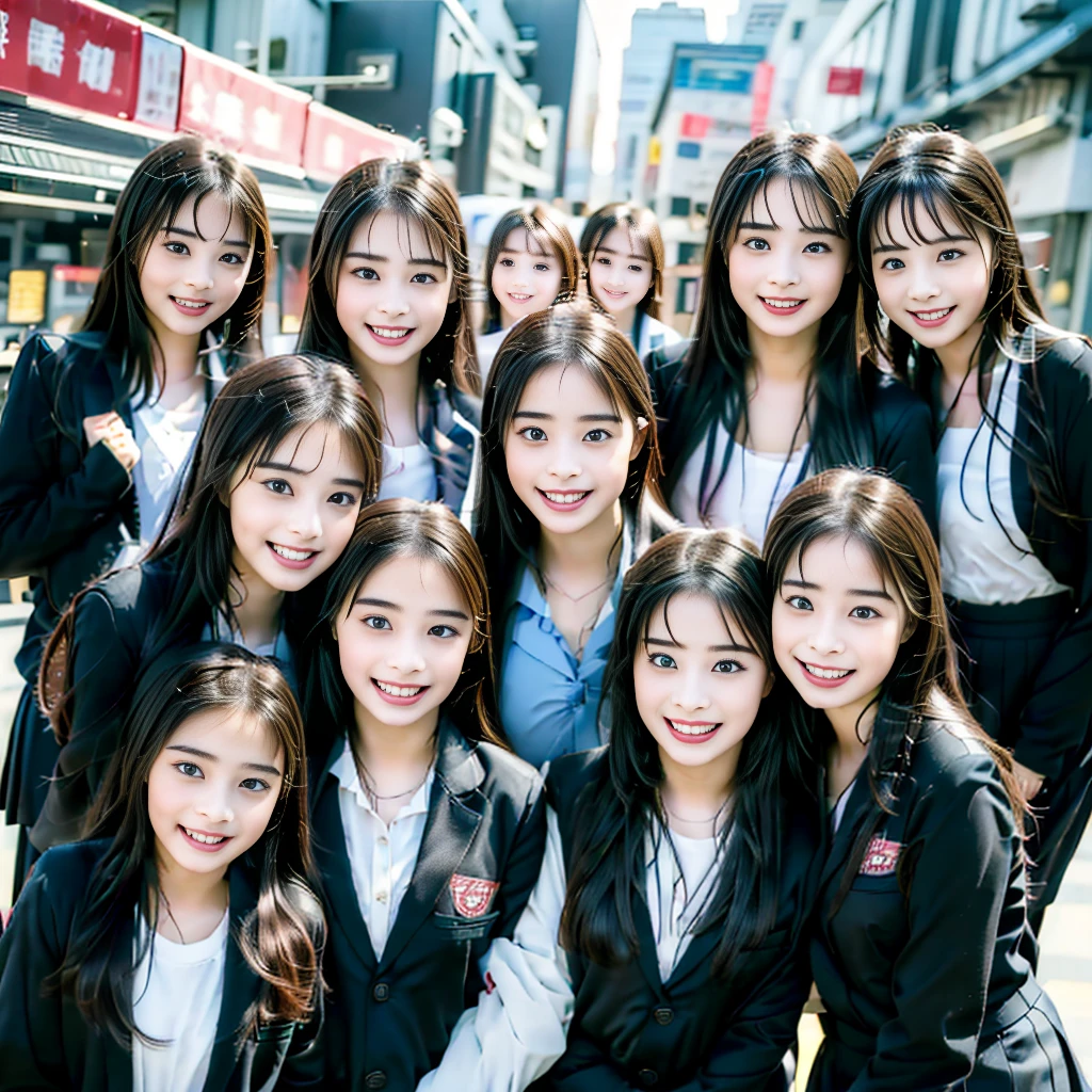 Raw photo、(((multiple girls))),((((6+girls)))),((((1000girls)))),(((10000girls)))、((((100000 girls))))、Women only、The same face、((matching school uniform))、(((many girls clinging to each other)))、((((Large group))))、12 years old、Long black hair、10,000 cute girls going to school、a smile、Commuting to school、School route、In the street、selfee、same person、(((Lots of girls filling the area)))、(((Many girls fill the city)))、a junior high school student