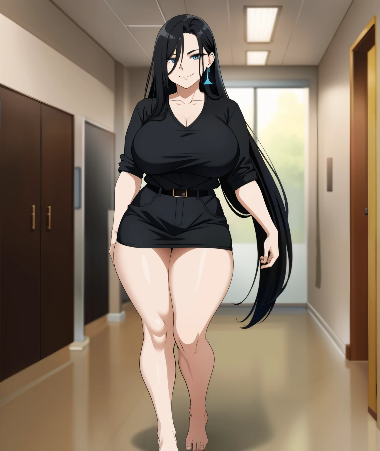 A woman in a black outfit, black hair, long hair, barefoot, strong, curvy, busty, smirk, thick thighs, full-body view