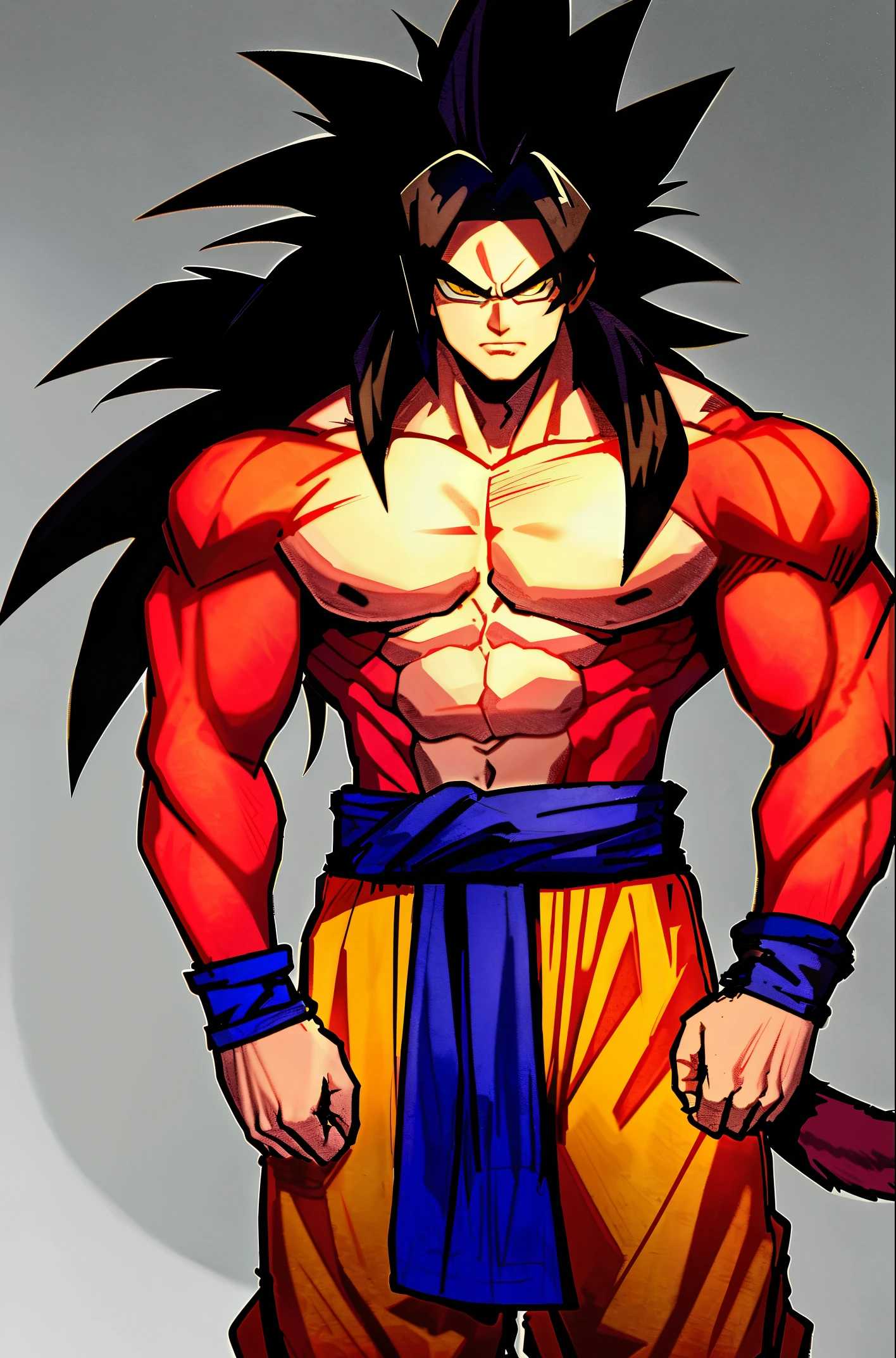son goku, 1boy, arms at sides, artist name, baggy pants, biceps, black hair, blood, blood from mouth, blue sash, blue wristband, blurry, blurry background, body fur, closed mouth, collarbone, frown, long hair, looking away, looking to the side, male focus, monkey tail, muscular, muscular male, pants, pectorals, red fur, sash, scratches, serious, simple background, solo, spiked hair, standing, super saiyan, super saiyan 4, tail, torn clothes, twitter username, v-shaped eyebrows, wristband, yellow eyes, yellow pants, ((masterpiece))