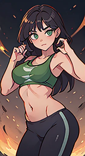 Best quality, ultra-detailed, extremely detailed masterpiece, Masterwork, 8k, hi-res, photorealistic, cel shade, 1girl, 28yrs, Beautiful face, huge breast, sexy body, long messy hair, sports bra, yoga pants, jewelry, necklace, earrings, random ultra-detailed background