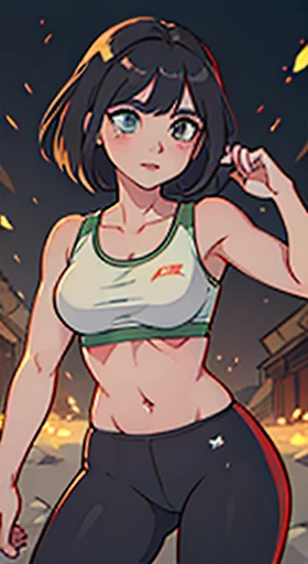 1girl, A beautiful fair-skinned woman with green eyes, training her martial arts, beautiful hands, lean, athletic, abs, brown shirt