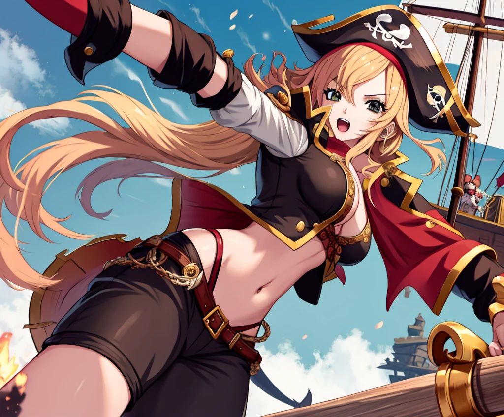 ((1 female pirate monster, bare chest, a shell stuck to her pussy)),((medium breasts)),((very large pubic hair)),((big yellow hair)),((yellow eyes, smile)) ,((facing the viewer)),((on a pirate ship, at sea during the day)),
