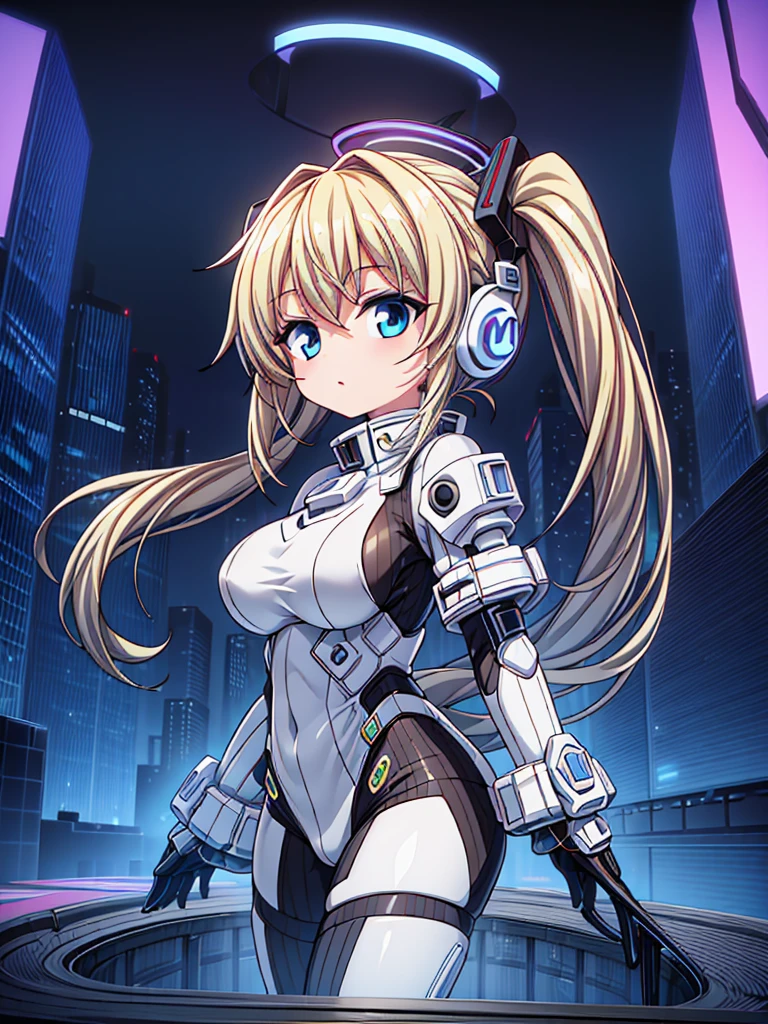 4K,hight resolution,One Woman,White blonde hair,poneyTail,head phone,Colossal tits,ninjartist,White Cybersuit,futuristic spacesuit,Cyberpunk Handgun,underground city,blue shining eyes,The halo,