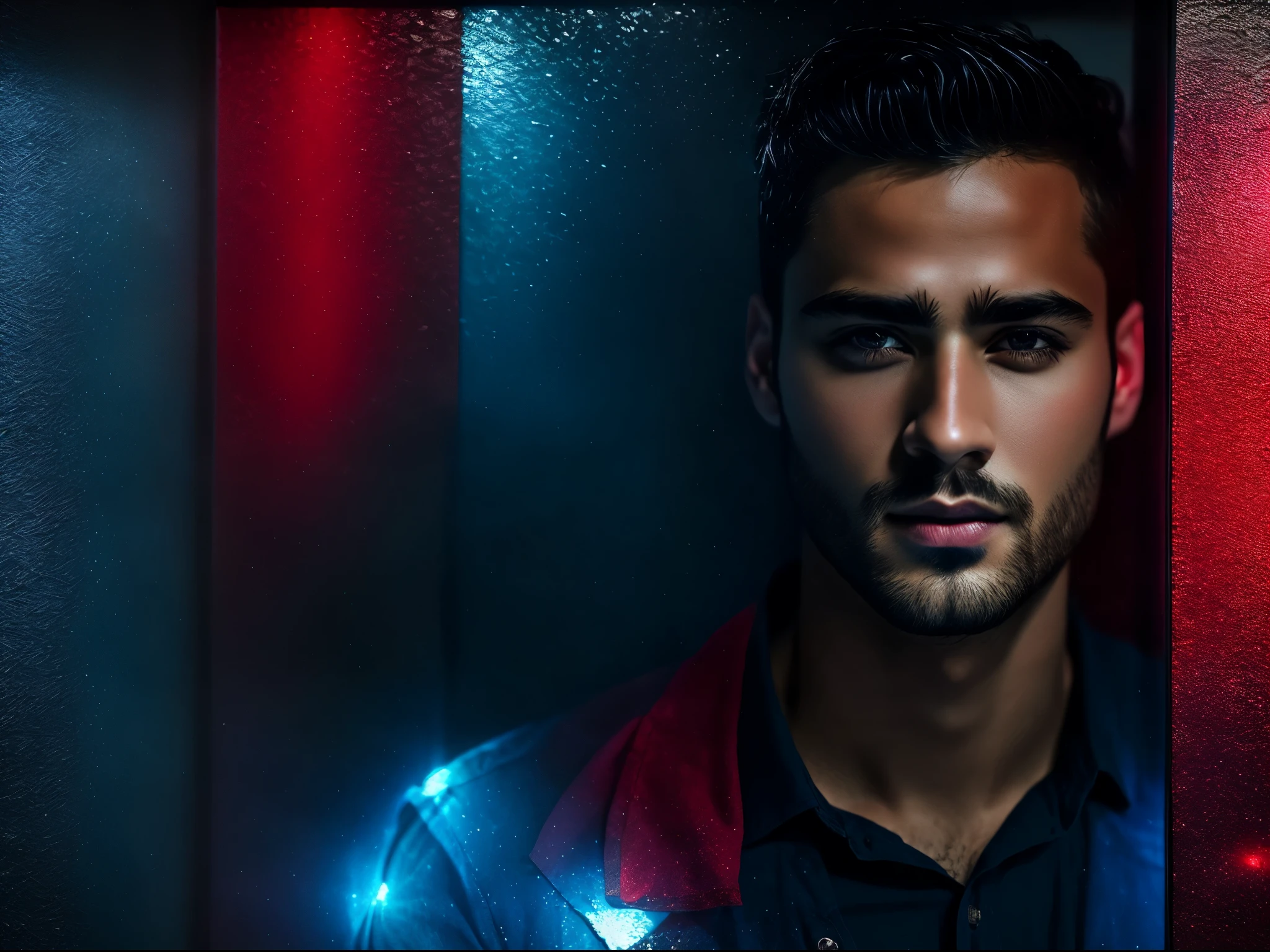 A handsome man is inside a glass wall, dark blue and dark red, cut/ripped, luminous portraits, unpredictable, photo-realistic hiperbole.